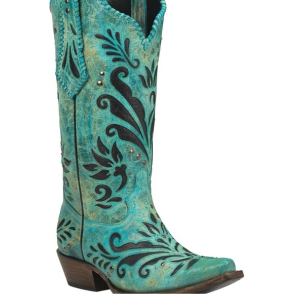 Black Star Shoes - Black Star Boots Tooled Floral Paisley Leather Tall Western Boots Turquoise 9.5